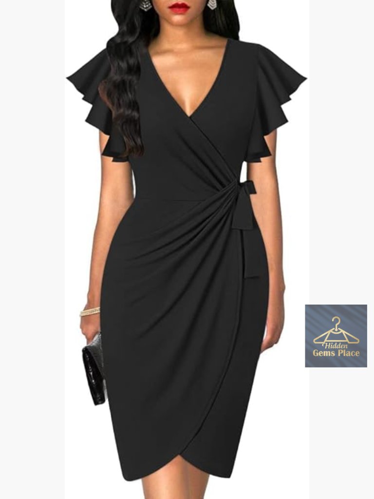 Deep V Neck Ruffle Sleeve Sheath Faux Wrap Dress Work Cocktail